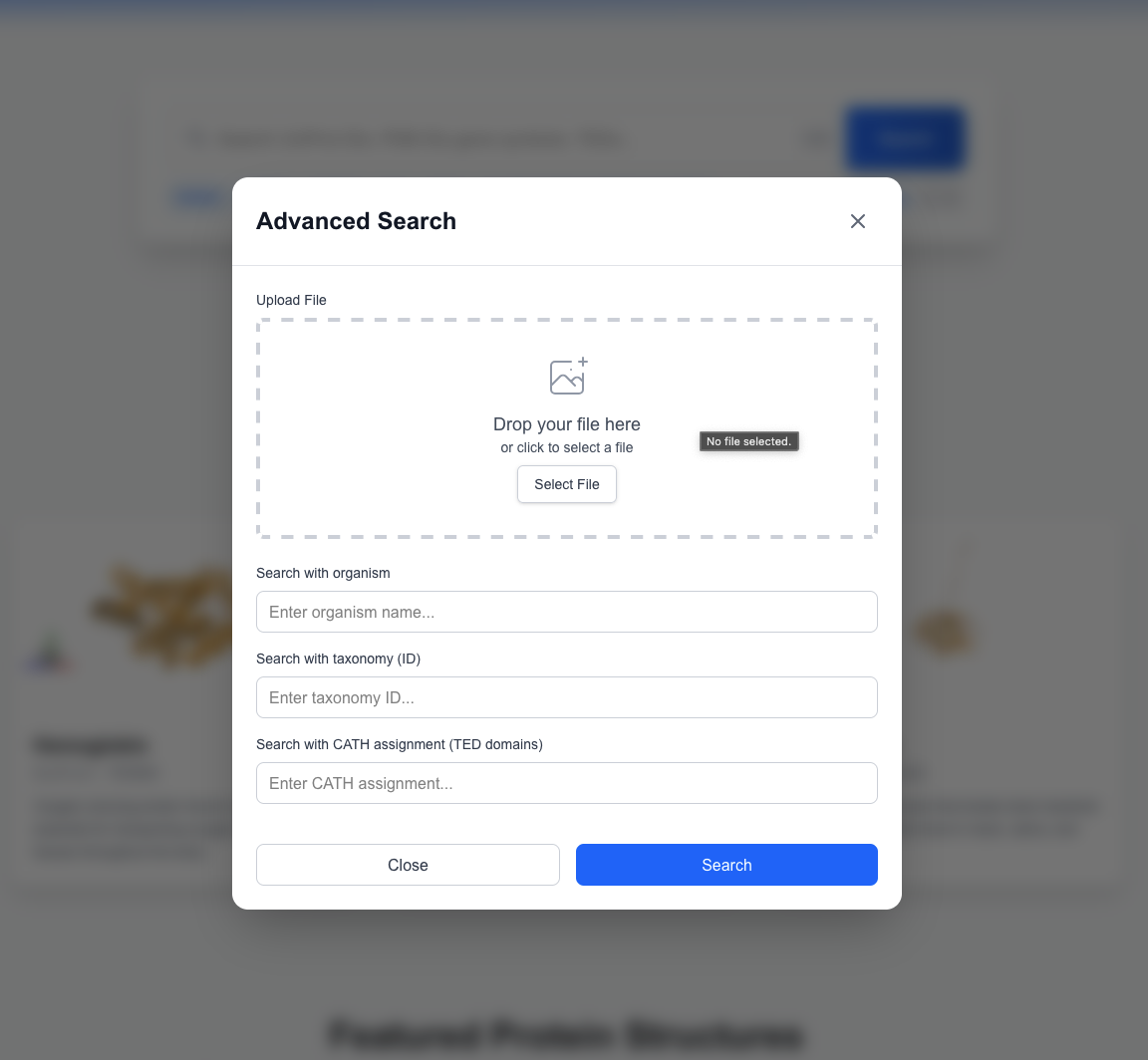 Screenshot of advanced search interface with file upload and filter options